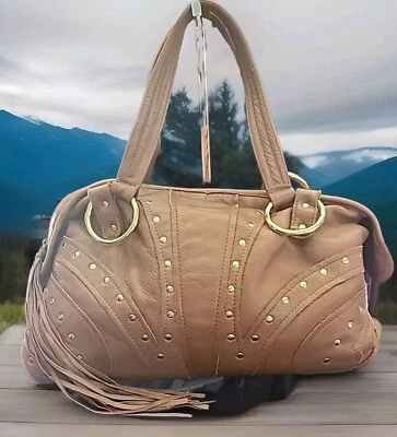 BULGA Gold Studs, Brown Soft Leather Handbag With Studs & Fringe Tassle, Vintage - Image 1 of 4