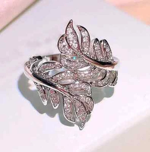 Sparkly Silver Leaf Ring Cubic Zirconia Crystal CZ Statement Diamante Feather - Picture 1 of 5