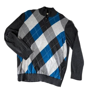 Old Navy Size XL Mens Pullover Sweater Gray, Turquoise, Silver 1/4 Zip Checkered - Imagen 1 de 9