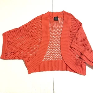 Faded glory Orange Open Front Cropped Short Sleeve Pointell Sweater Shrug Sz M - Picture 1 of 5