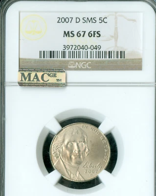 2007 D MONTICELLO NICKEL NGC MS67 FS SMS PQ 2ND FINEST REGISTRY MAC SPOTLESS * - Image 1 of 2