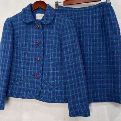 Conjunto Falda Traje Towncliffe Tweed Cuadros Años 60 De Colección Azul Púrpura Mujeres XS Pequeña Lana Foto 1 de 4