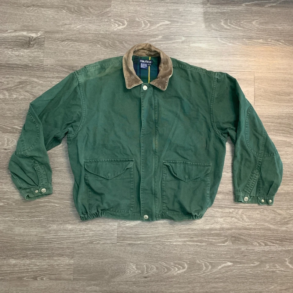 Chaqueta de Colección Nautica Verde Lona Algodón Cuero Cuello Talla XL Foto 1 de 4