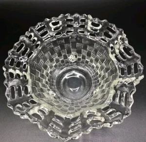 1930's FENTON French Clear 3 Row Open Edge Basket Weave Ruffle 3 Legged Bowl 9" - Picture 1 of 4