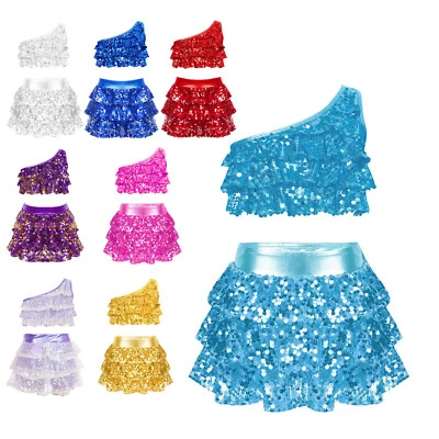  Kids Girl's Hip Hop Jazz Dance Outfits Sequins Crop Top and Skirt Uniform - Image 1 of 3
