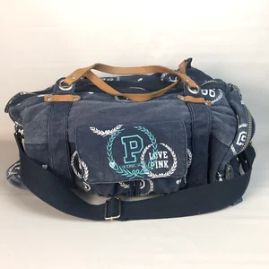 Victoria's Secret PINK Weekender Duffle Bag Blue Canvas/Leather Handle Y2K Dog - Picture 1 of 19