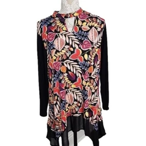 Kate and Mallory Black Floral Tunic Top Shark Bite Hem Long Sleeve Women's XL - Picture 1 of 7