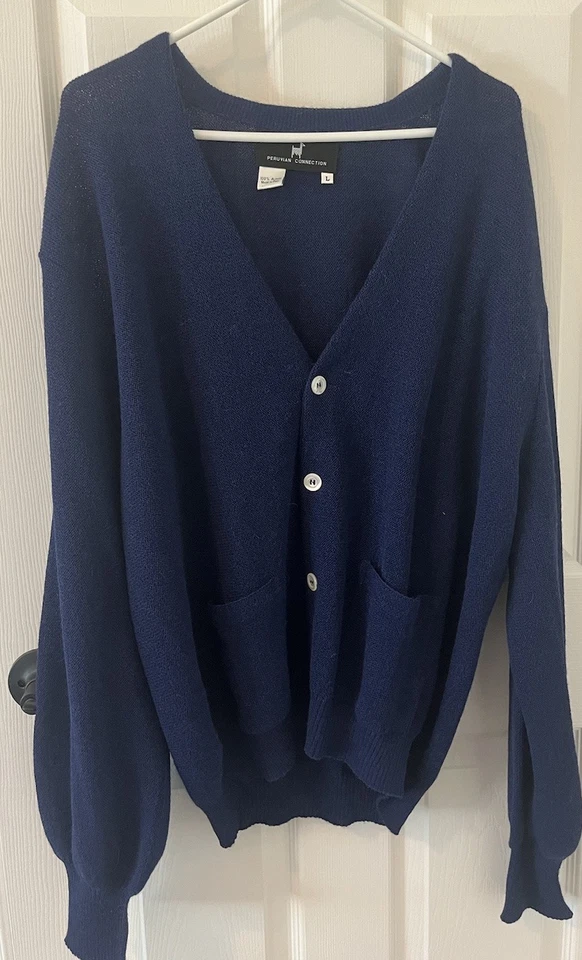 Peruvian Connection Alpaca Cardigan Sweater Navy V-Neck Pockets Mens Size Large - Image 1 of 4