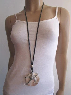 Modekette Bettelkette Hals Kette Band lang Silber Schwarz Abalone Seestern Neu - Bild 1 von 4