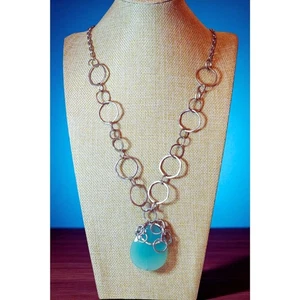 Lia Sophia Silver Link Necklace Aqua Teardrop Pendant 21” Statement Jewelry - Picture 1 of 4
