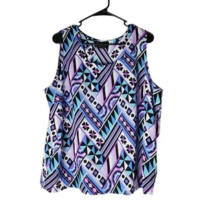 Bob Mackie Wearable Art Sleeveless Blouse Top Size XL Floral Purple Blue - Picture 1 of 7