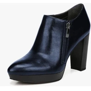 XYD Navy Chunky High Heels Platform Ankle Boots Pointed Toe Side Zipper Booties - Picture 1 of 8