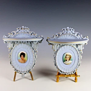 Pair of Antique Chippy Paint Display Shelves, Sconces with Miniatures - Picture 1 of 8