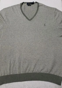 Polo Ralph Lauren Mens Large Pima Cotton Gray Harringbone Vneck Sweater - Picture 1 of 12
