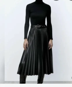 Zara Vegan Leather Pleated Midi Skirt Womens Medium Black Belted Faux Wrap - Picture 1 of 13