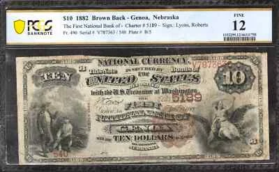 1882 BB $10 FIRST NATIONAL BANKNOTE CURRENCY GENOA NEBRASKA PCGS F 12 FINE (363) - Image 1 of 2