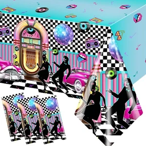50er Jahre Party Tischdecke, 3 Teile 50er Jahre Mottoparty Deko Set Kunststoff Rock und... - Bild 1 von 6