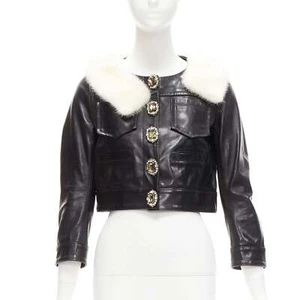rare DSQUARED2 asymmetric fur collar jewel button cropped leather jacket IT40 S - Picture 1 of 9