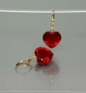 Simulated 2 Ct Heart Cut Red Ruby Dangle Drop Earrings In 14K Yellow Gold Plated - Picture 1 of 6