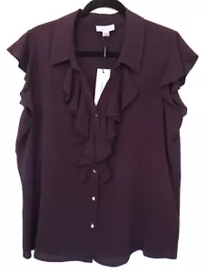 Calvin Klein Womens Size XL Aubergine Short Sleeve Ruffle Front Woven Top - Picture 1 of 4