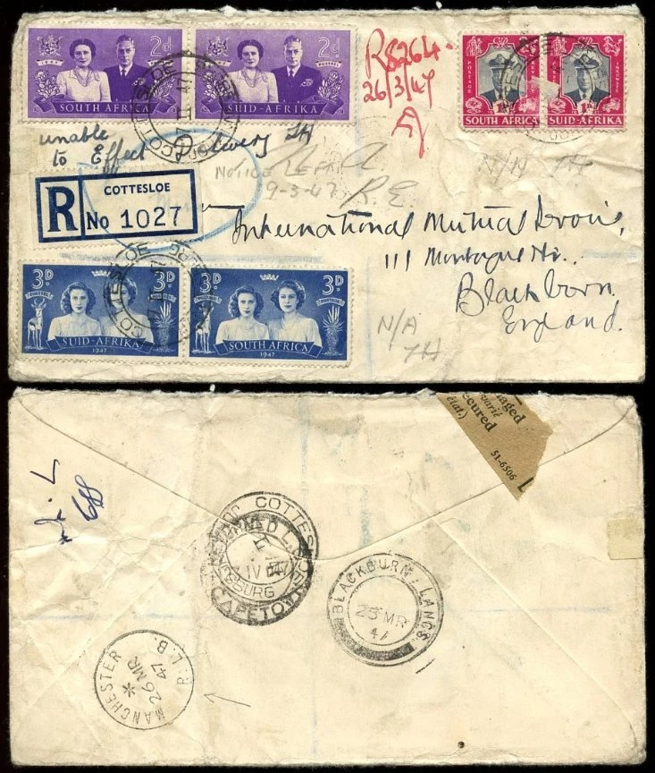 SUDÁFRICA 1947 REGISTRADO COTTESLOE a BLACKBURN SIN ENTREGAR + MATASELLOS RLB Foto 1 de 1