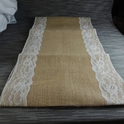 Farmhouse Style Burlap Table Runner with Lace Edge 13.5" X 9 feet - Image 1 of 4