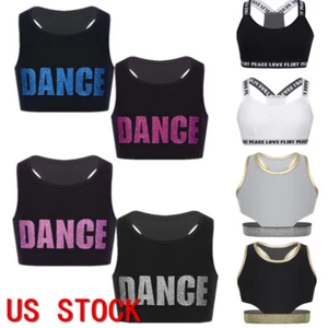 Kids Girls Sports Bra Shiny DANCE Printed Crop Tops Gymnastics Training Tank - Picture 1 of 39