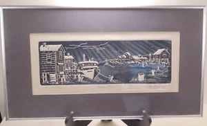 Grabado vintage enmarcado Al Kaufman "Mariner Bay" 18-3/8" x 10-3/8" - Imagen 1 de 10