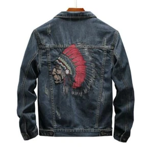 Men's Dark Blue Denim Jean Jacket Indians Embroidery Pockets Coat Casual - Picture 1 of 5