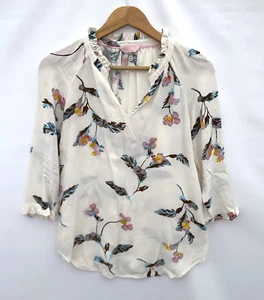 JOULES Ivory Floral Ruffle V Neck Tunic Blouse 3/4 Sleeve Size UK 8 US 4 - Picture 1 of 4