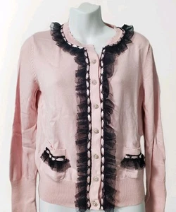 Berek Cardigan PS Soft Pink Black Lace Pearl & Rhinestone Button Accents - Picture 1 of 4