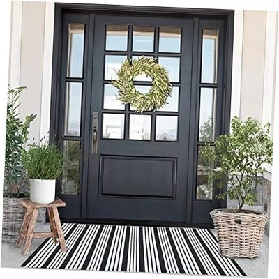 Alfombra de algodón a rayas blancas y negras (27,5 x 43 pulgadas), lavable a rayas para exteriores  Foto 1 de 4