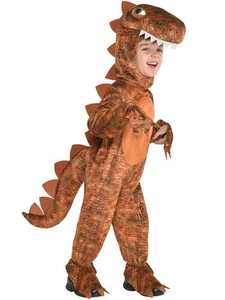 9908461 - Kids Brown T-rex Dinosaur Hooded Jumpsuit Fancy Dress Costume - Picture 1 of 1