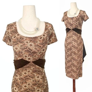 1950s Vintage Dress 50s Cocktail Bombshell Wiggle Brown Lace Velvet XS Small MCM - Picture 1 of 7