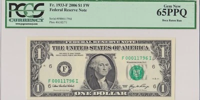 2006 Atlanta $1 LOW SERIAL Fr. 1913-F 1985 - PCGS Gem New 65PPQ Serial 00011796 - Image 1 of 2