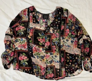Johnny Was Jade Roswell Pieced Blouse Pink Black Lace Patchwork Floral Top M L/S - Picture 1 of 11