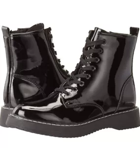 Madden Girl Kurrt Women's 10 Combat Boots Black Patent Leather Lace Up Side Zip - Picture 1 of 7