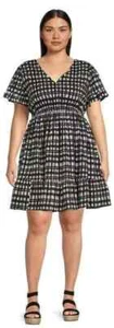 NEW Terra & Sky Women's Plus 4X V-Neck Ruffled Lined Dress Black White Plaid - Picture 1 of 11