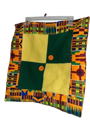 2 Square Aztec Green Yellow Throw Pillow Covers Crocheted/ Sewn 4 Patch - Image 1 of 4