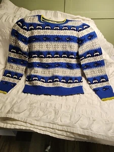 Mini Boden 7-8 YR Sharks All Over Fair Isle Sweater Dark Cobalt Blue White - Picture 1 of 3