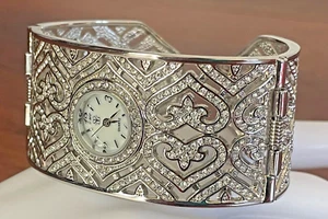 RARE Suzanne Somers Vintage silver tone Rhinestone bangle Bracelet Hinged Watch - Picture 1 of 15