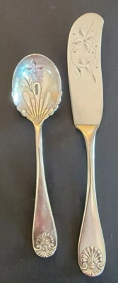 Towle Engraved 1889  Fiddle Shell Sugar Spoon & Butter Spreader Silver Brite  - Image 1 of 4