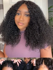 UNice Indian Curly V Part Human Hair Wig with Drawstring Glueless Wear Go Wig US - Picture 1 of 13