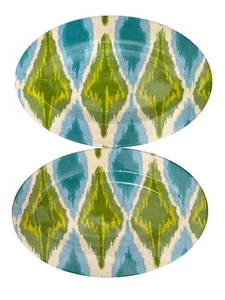 Set of 2 Threshold Small oval Melamine plates platters Ikat blue green pattern - Picture 1 of 4