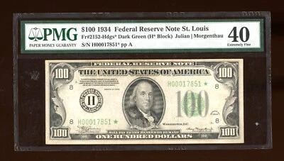 DBR 1934 $100 DGS FRN St. Louis STAR Fr. 2152-Hdgs* PMG XF-40 Serial H00017851* - Image 1 of 2