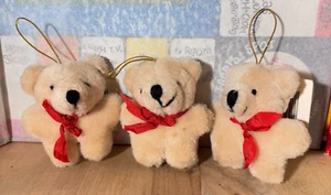 3 Vintage Miniature Plush Teddy Bear Ornaments w Red Bows, 2.5" - Picture 1 of 7