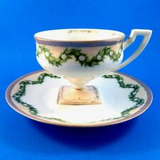 Old Pedestal Green Garland & Peach RS Prussia Tea Cup & Saucer (minor gold loss)