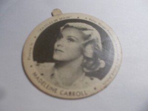 Madeleine Carroll "Castles in Spain" Bartholomay Ice Cream Dixie Lid 2.5" VG
