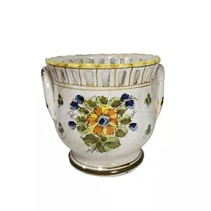 Fioriera ceramica vintage dipinta a mano floreale rustica bordo a crimpare stile Italia - Foto 1 di 7