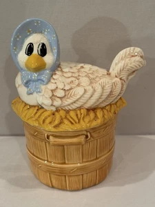 Vintage Henne auf Korb Nest Keramik Keksdose Kanister Schale blaue Haube - Bild 1 von 12